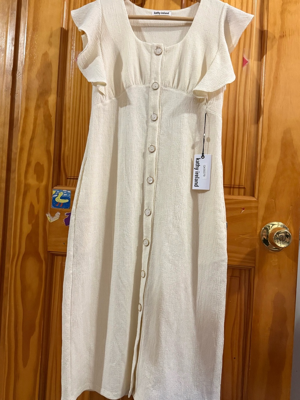 kathy ireland Cream Button-Front Midi Dress with Flutter Sleeves